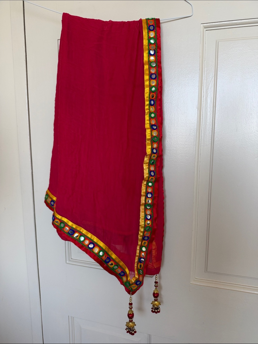Red Chunni Dupatta with multi color border and latkans